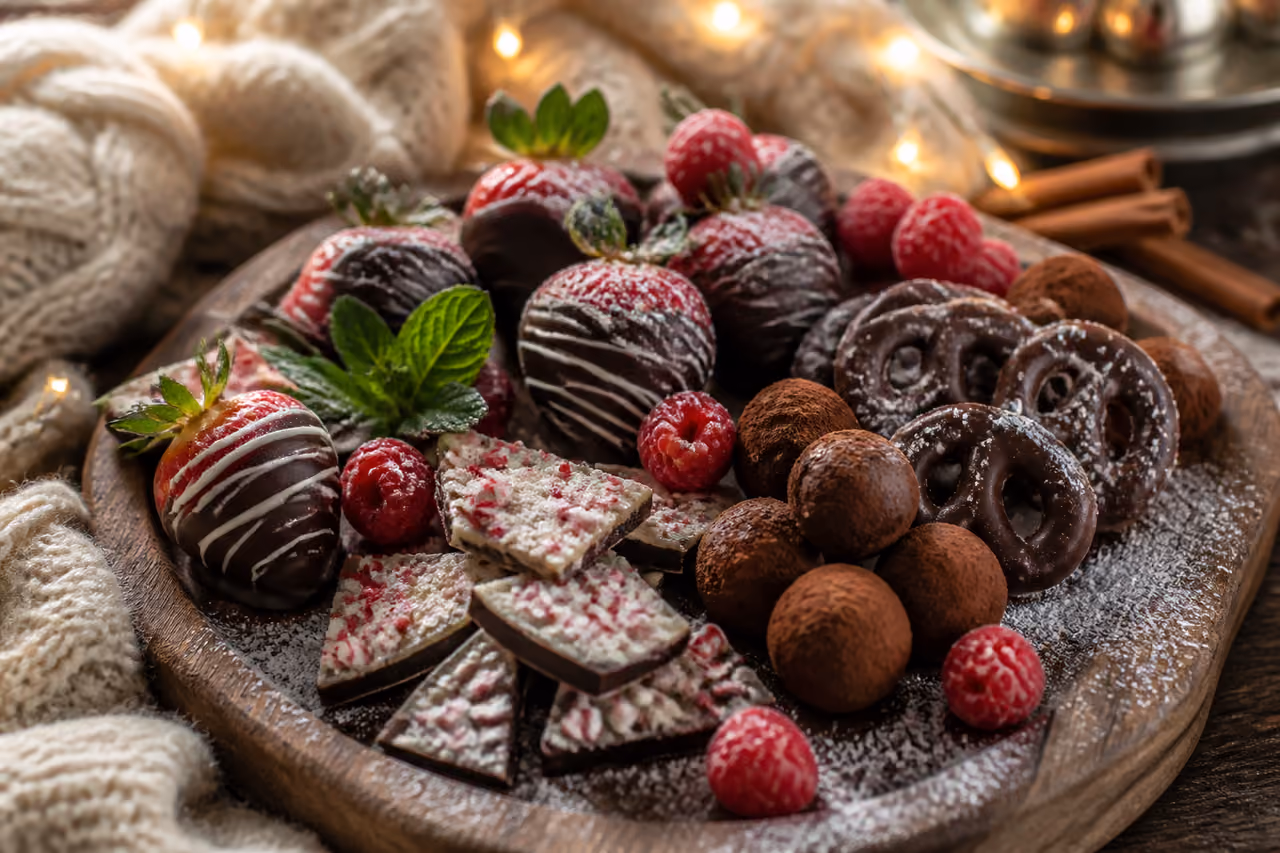 Assorted Homemade Chocolate Xmas Treats on a Rustic Platter