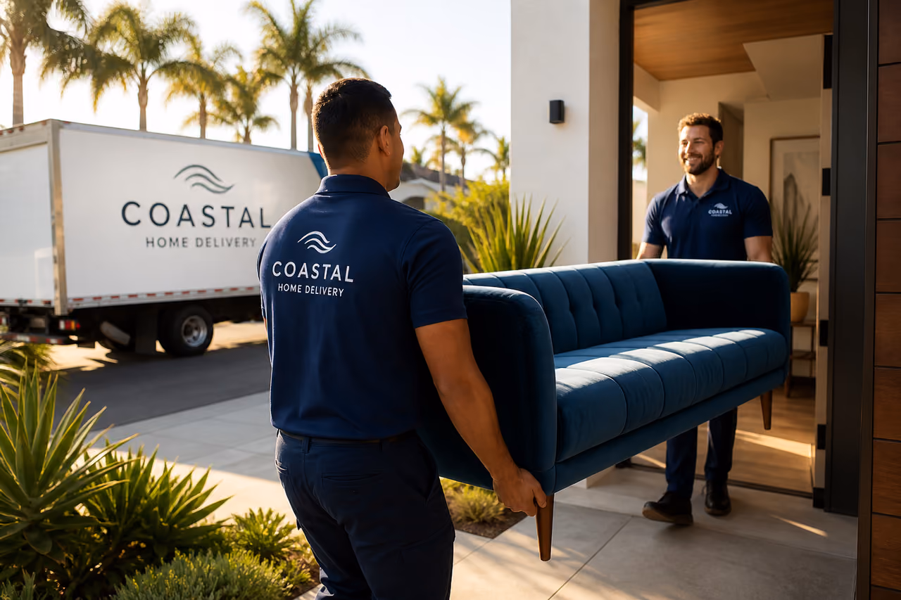 Movers Delivering a Modern Sofa to a San Diego Home