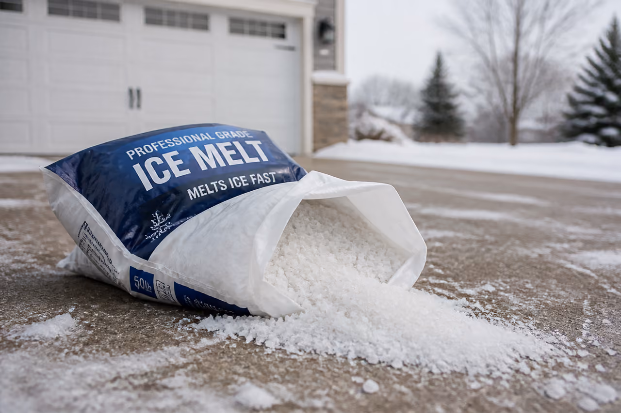 Bag of Ice Melt Salt on Snowy Concrete Driveway
