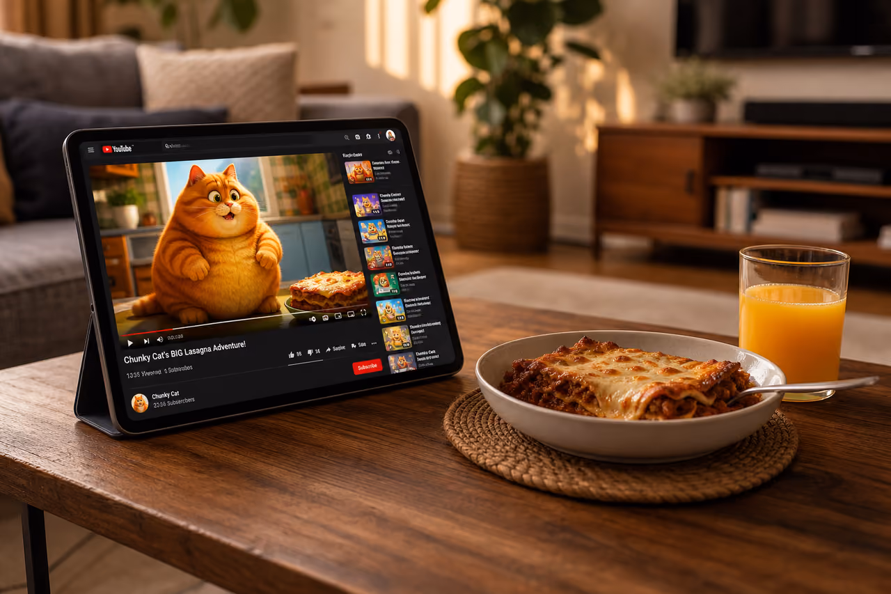 Tablet Displaying Animated Orange Cat Videos and Lasagna