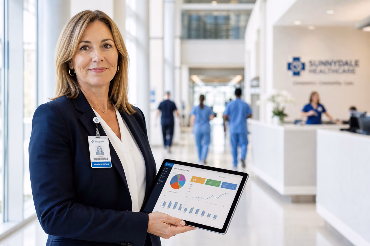 Healthcare Administrator Reviewing Analytics in a Modern Hospital