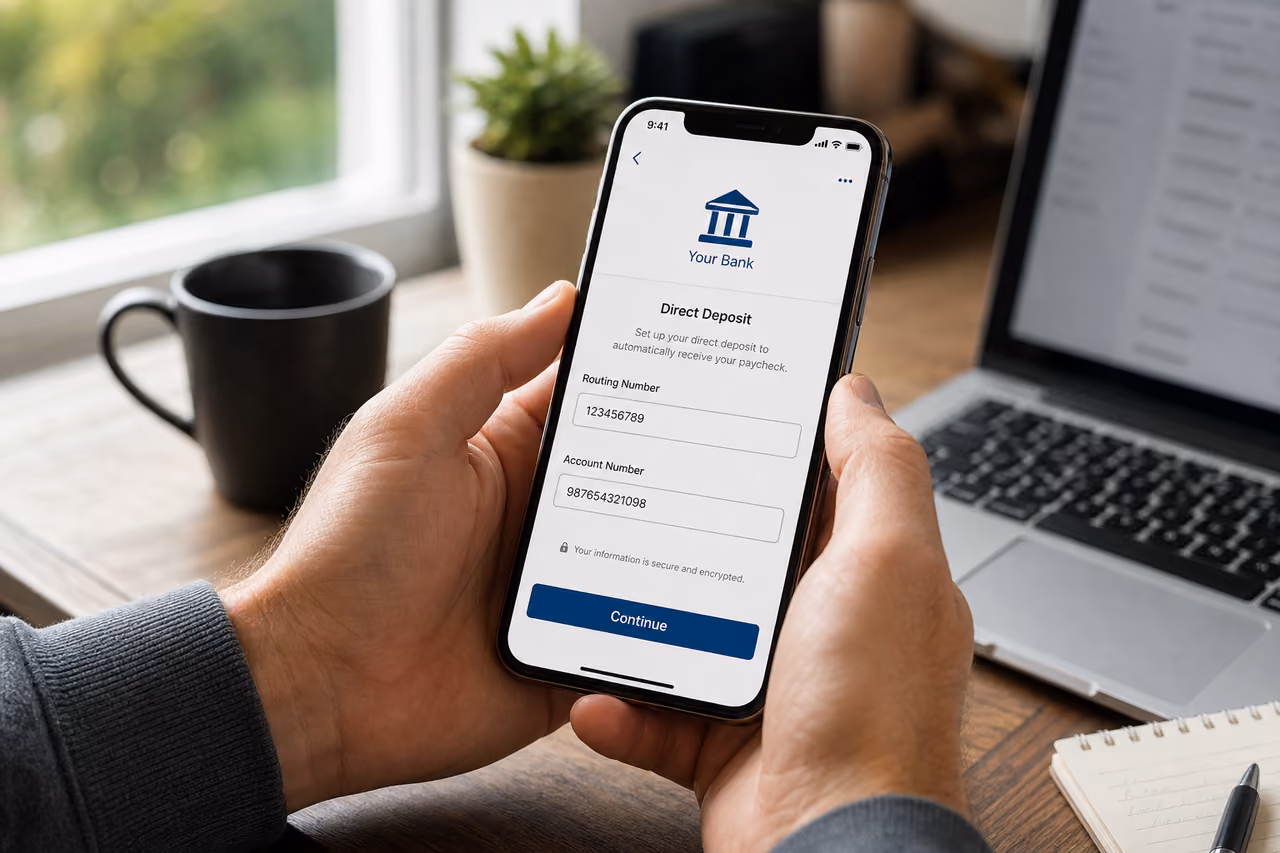 Person Accessing Direct Deposit Routing Number on Mobile App
