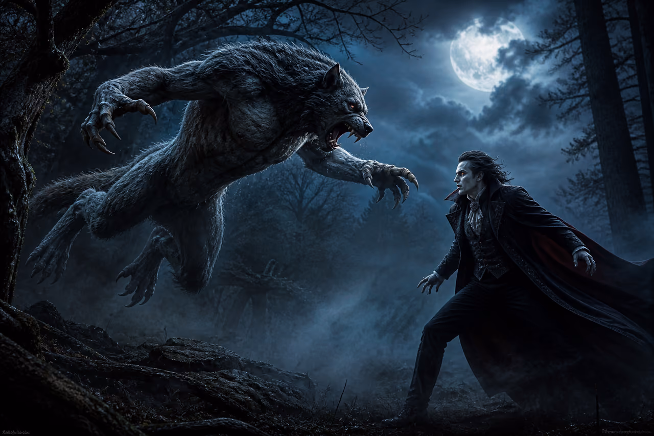 Werewolf and Vampire Clashing in a Moonlit Gothic Forest