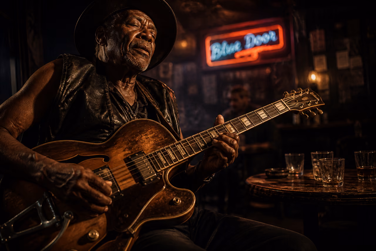 Seasoned Musician Playing Electric Guitar in Smoky Blues Bar