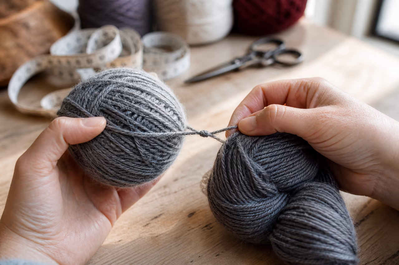 Hands Joining a New Ball of Wool on Wooden Table
