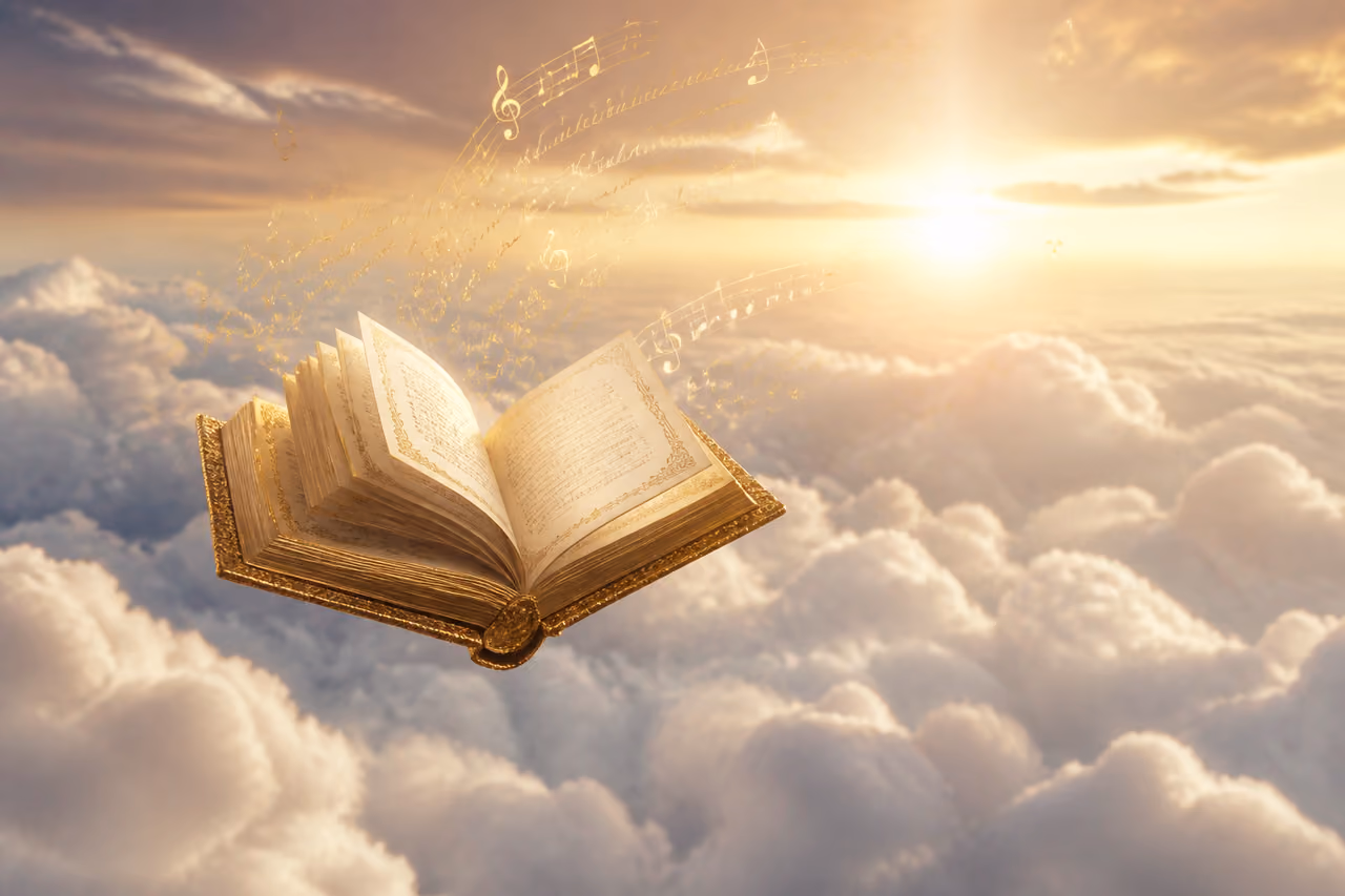 Floating Golden Book of Lyrics in a Celestial Cloudscape