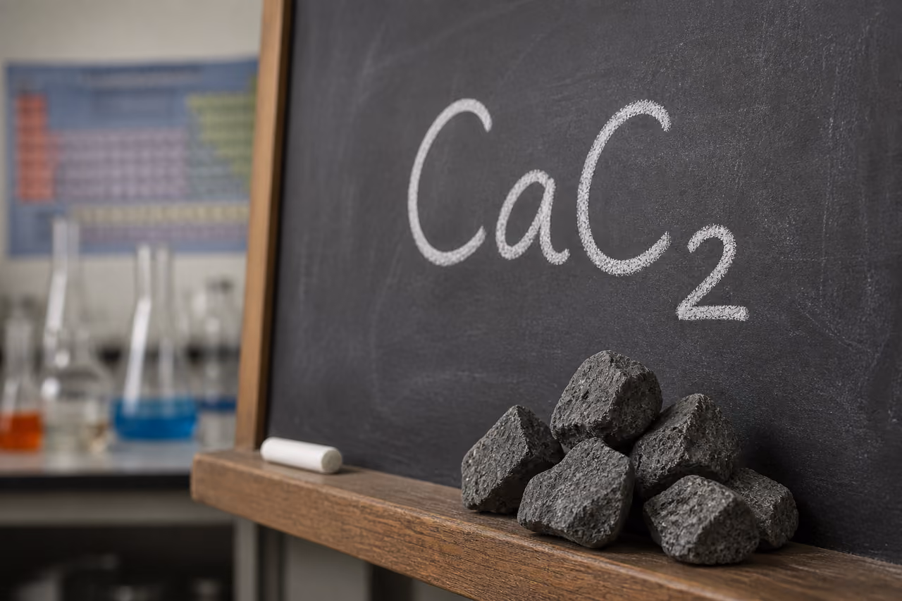 Chemical Formula of Calcium Carbide Written on Slate Chalkboard