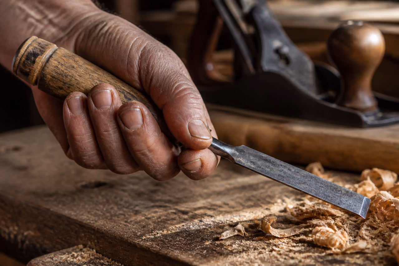 Carpenter's Hand Holding a Chisel on a Wooden Workbench