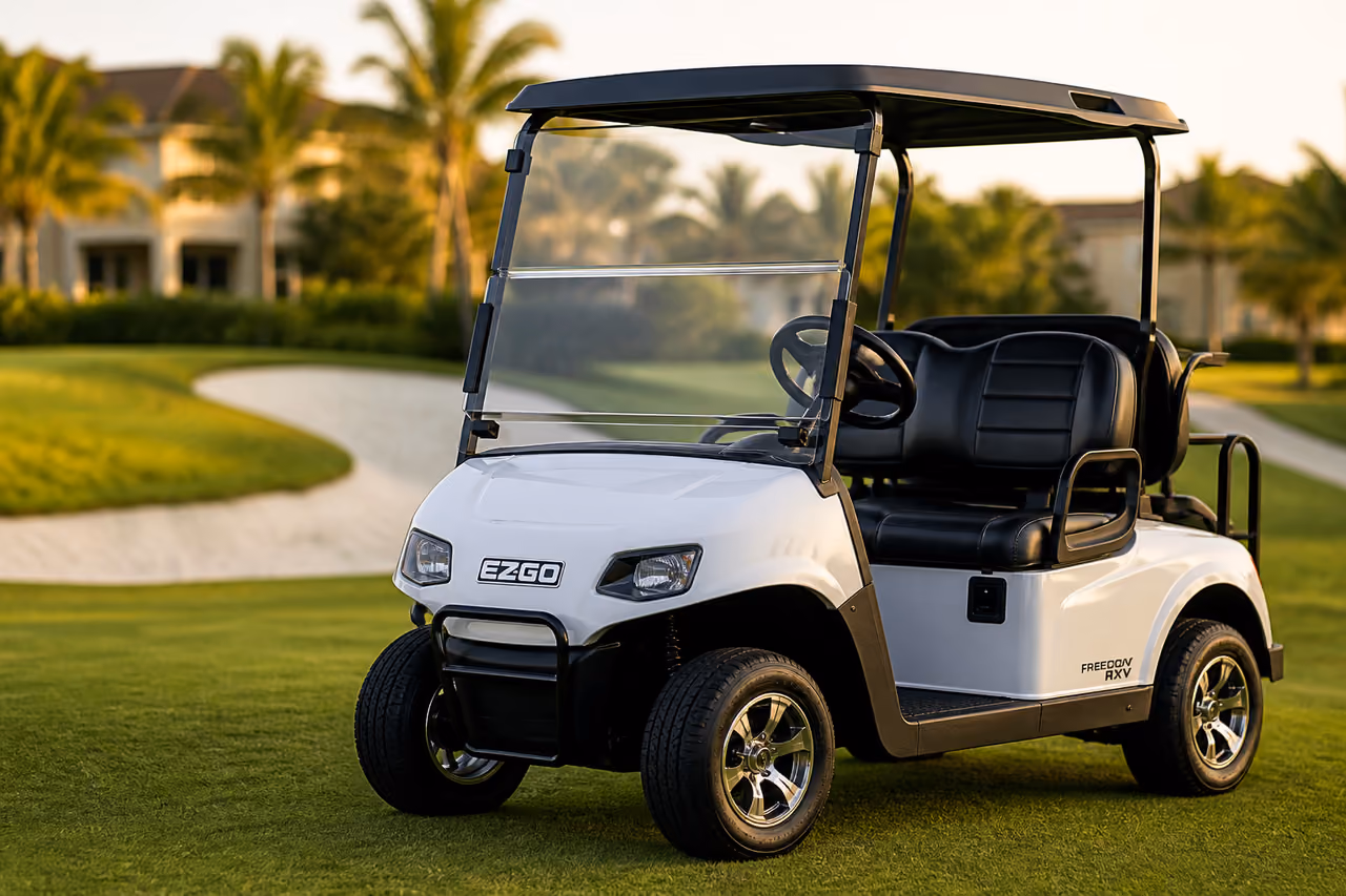 White Ezgo Freedom Golf Cart on a Luxury Fairway