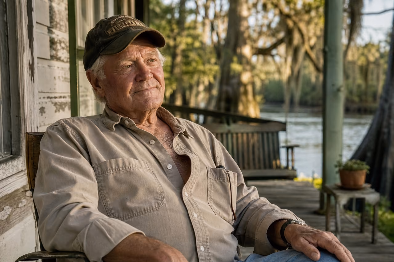 Elderly Man Sitting on a Rustic Porch in Louisiana