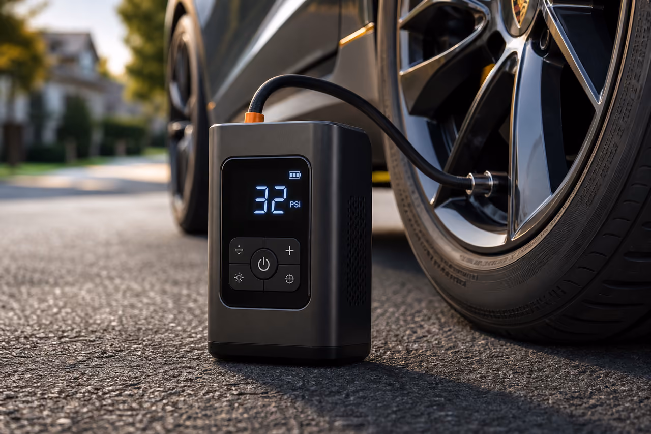 Cordless Portable Tire Inflator Attached to Car Wheel