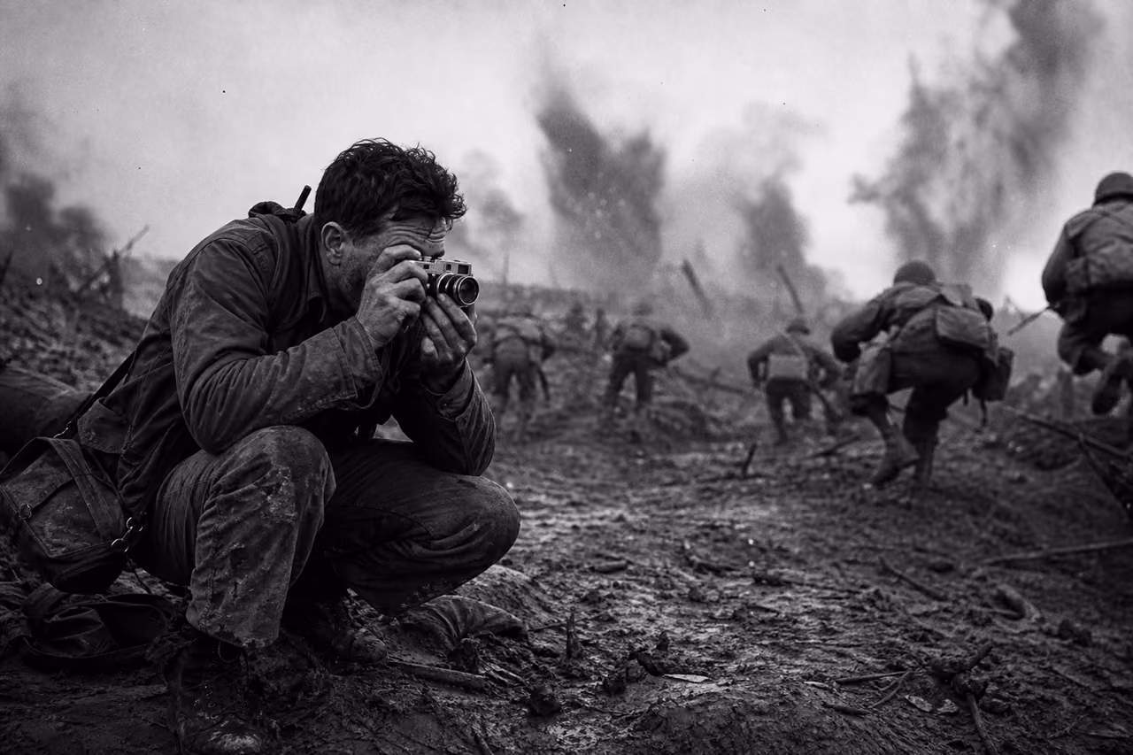 Combat Photographer Capturing Action on a Chaotic Battlefield