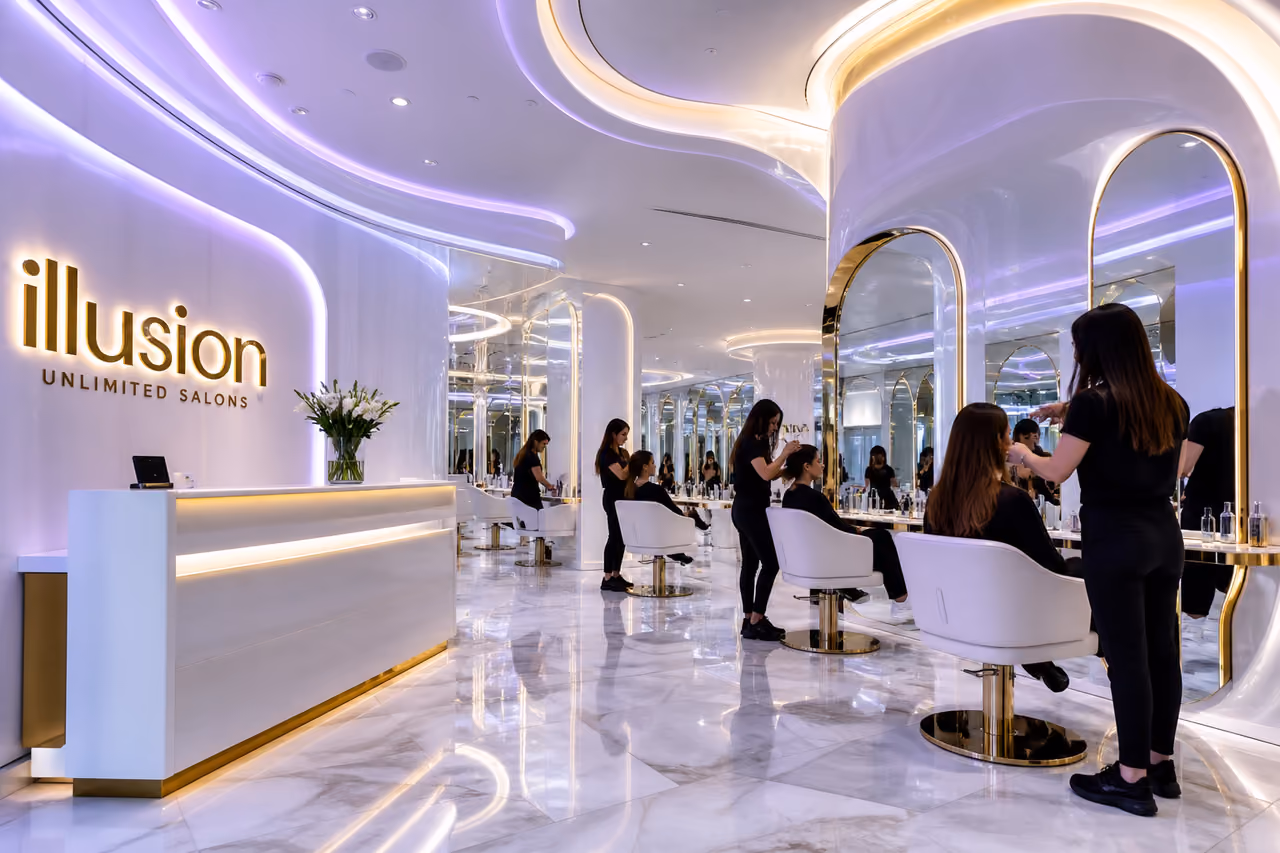 Futuristic Interior of a Luxury Beauty Salon with Mirrored Walls