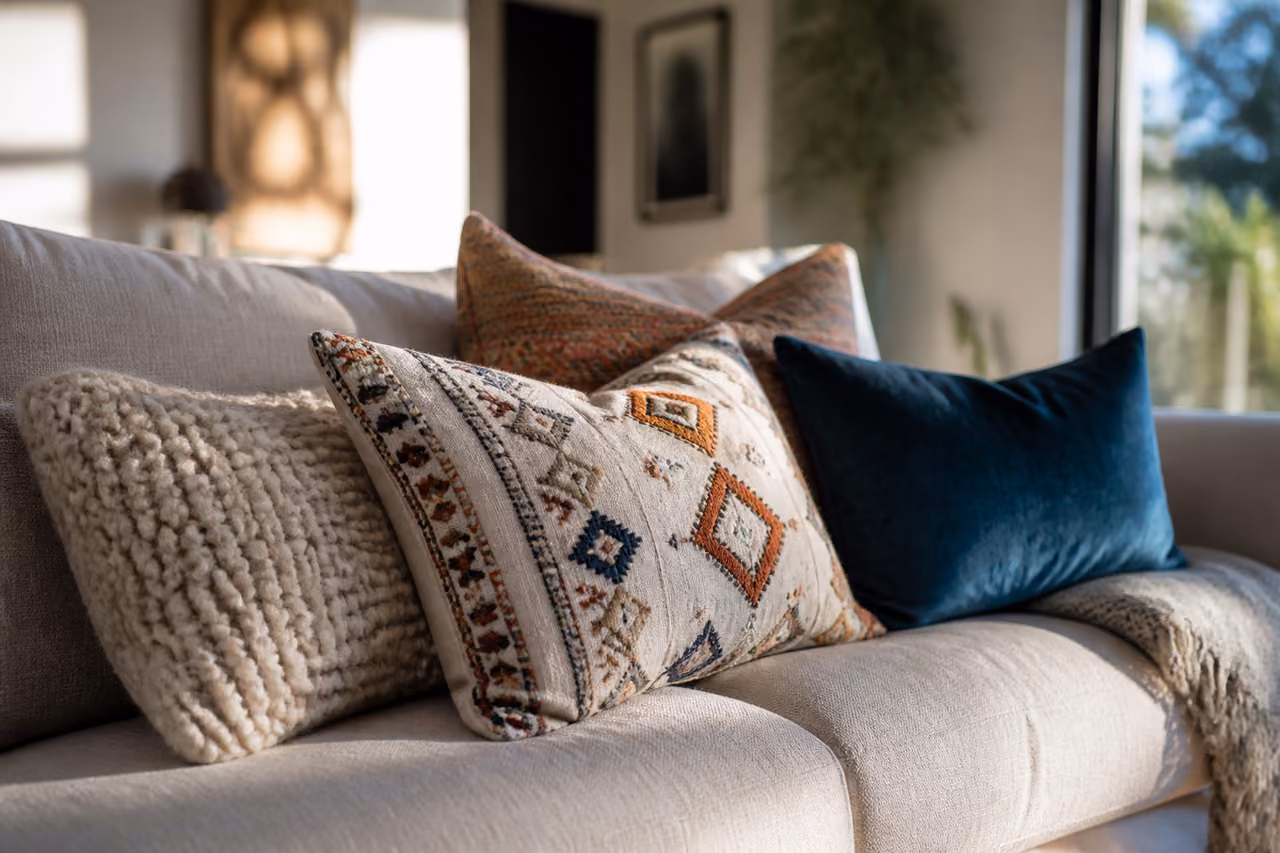 Unique Scatter Cushions Arranged on a Modern Linen Sofa