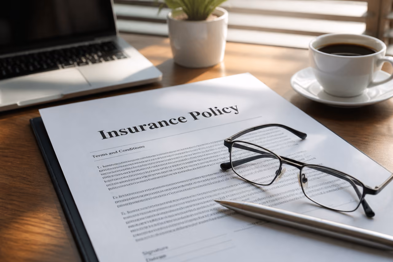 Insurance Policy Document with Pen and Glasses on Desk
