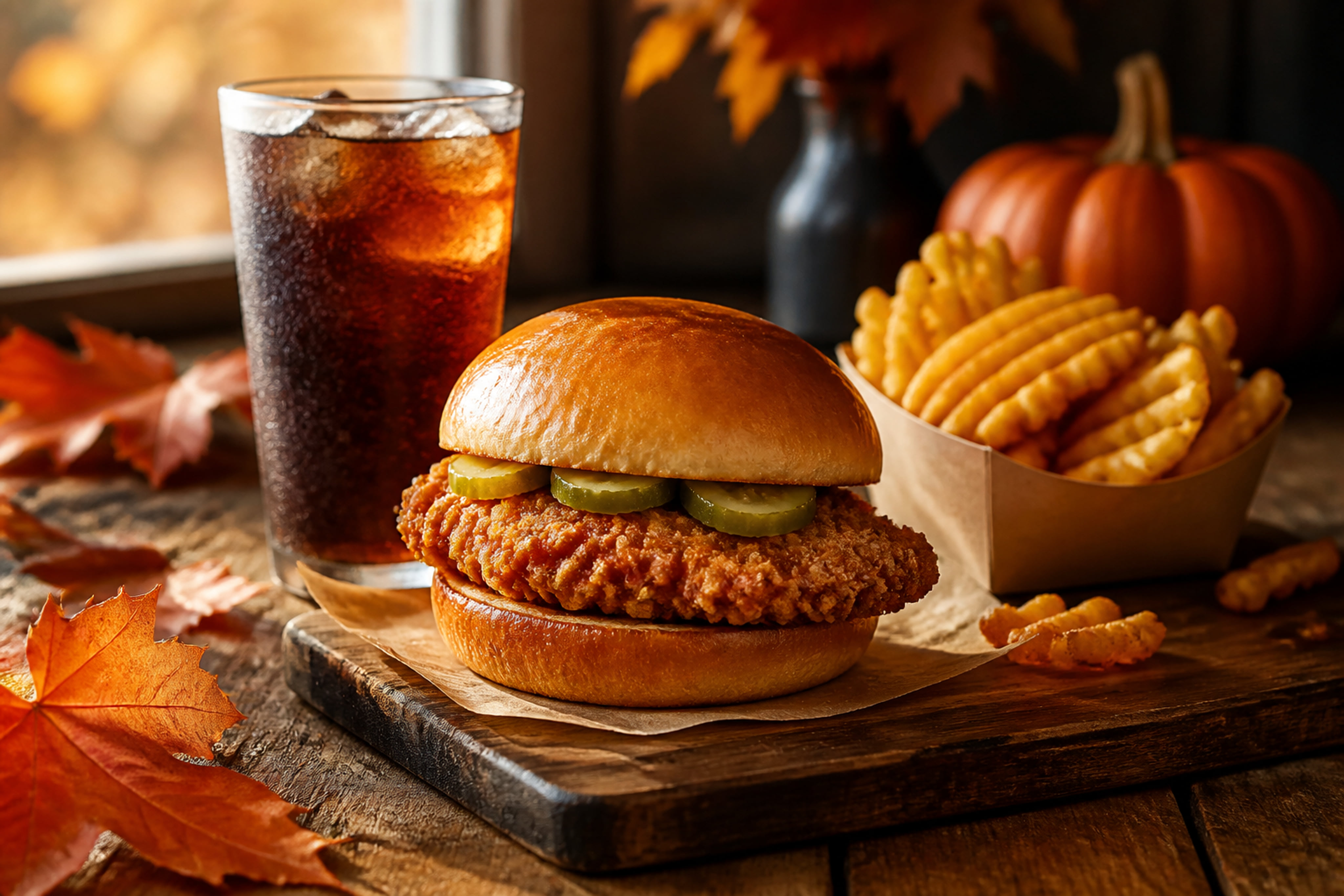 Crispy Chicken Sandwich Meal with Waffle Fries in Autumn Setting