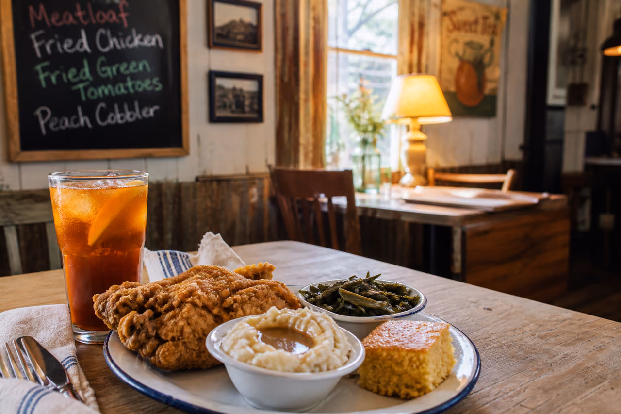 Traditional Soul Food Meal on a Rustic Cafe Table
