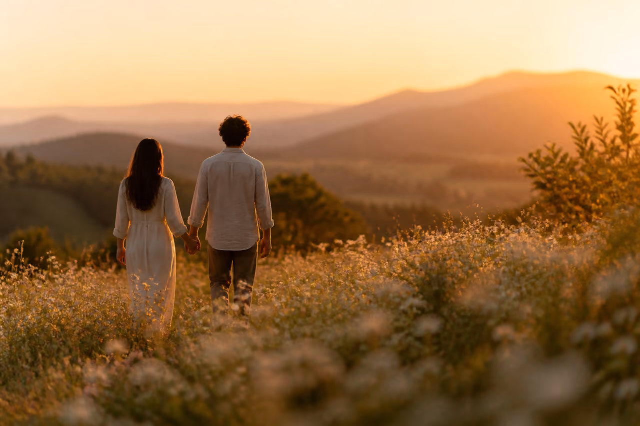 Romantic Couple Embracing in a Golden Hour Meadow