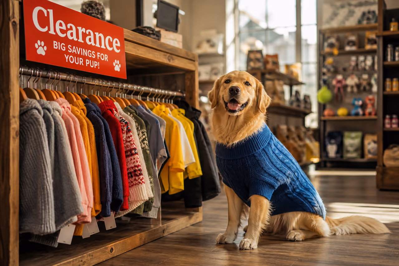 Golden Retriever Sitting Beside Dog Clothing Clearance Rack