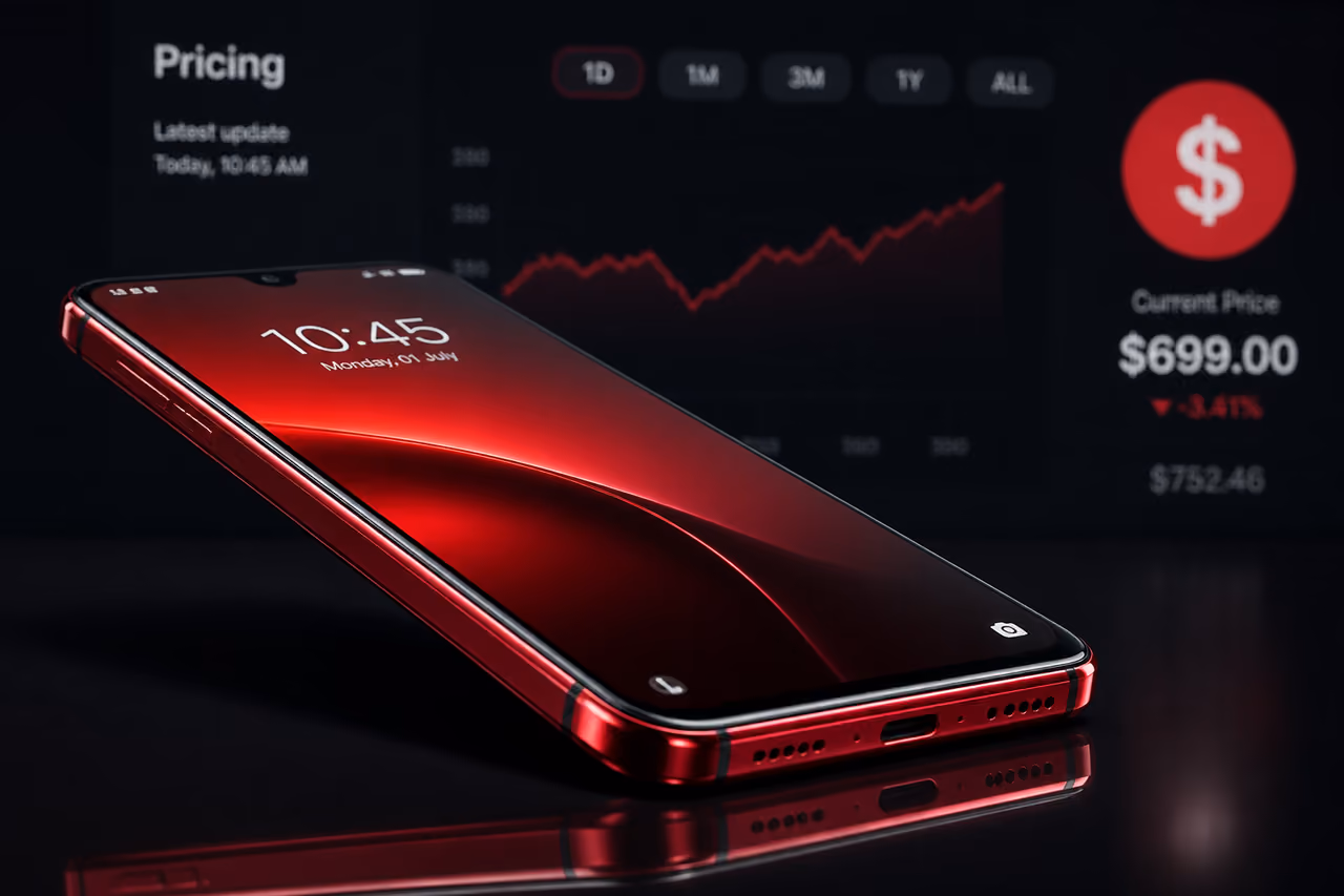 Modern Red Smartphone on Reflective Surface with Pricing Context