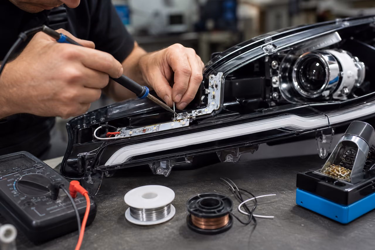 Technician Installing Custom LED Drl Lights in Car Headlight