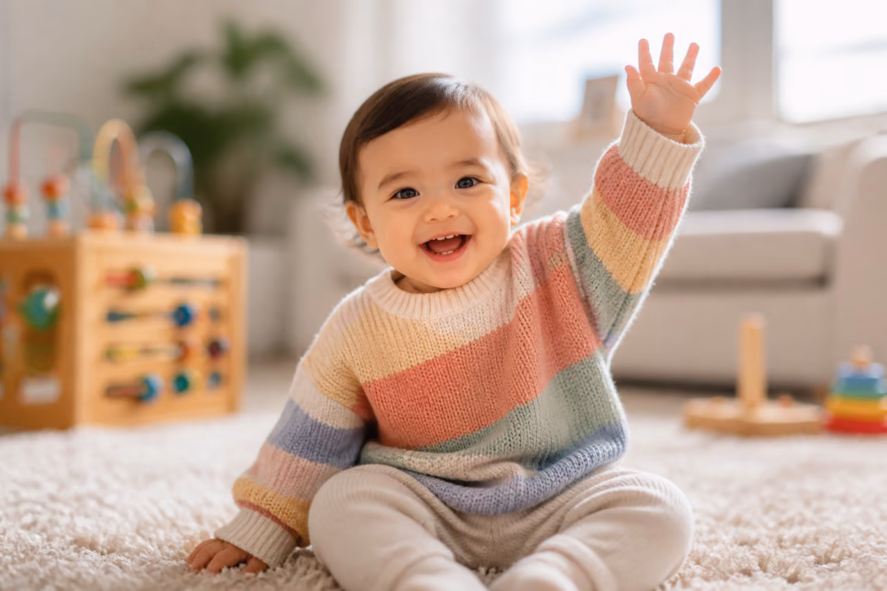 Cheerful Toddler Waving in a Sunlit Living Room