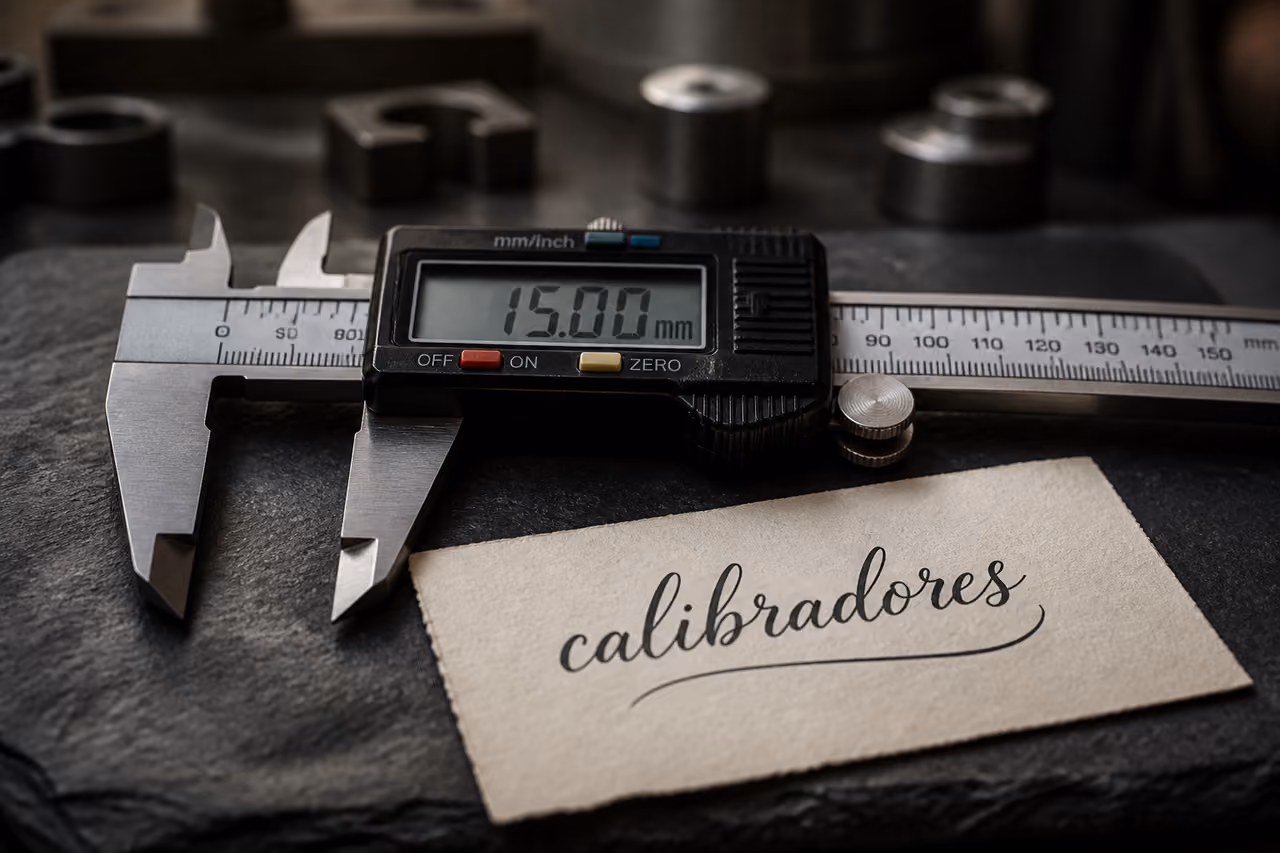 Digital Caliper with Spanish Translation Label on Workbench