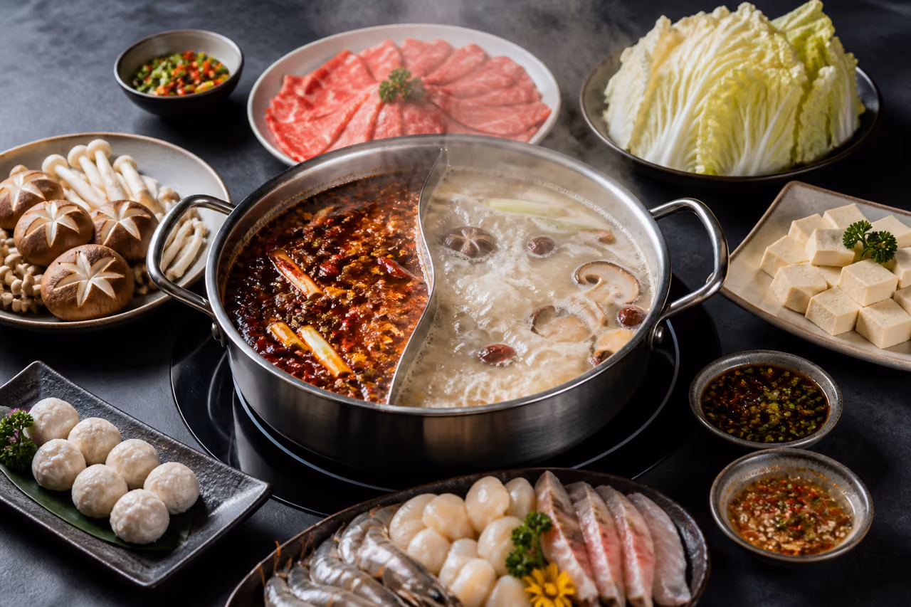 Divided Hotpot with Fresh Meat and Vegetables on Slate Table