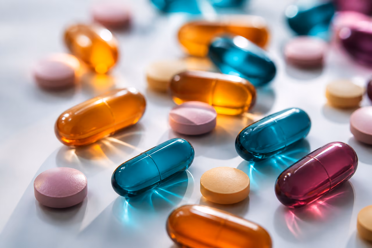 Colorful Pharmaceutical Capsules and Tablets on White Reflective Surface
