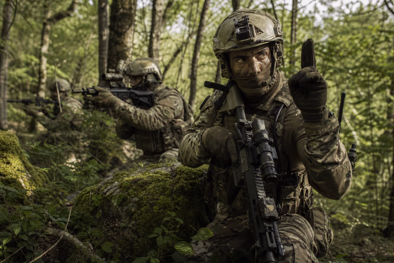 Military Squad Performing an Ambush Drill in Dense Forest