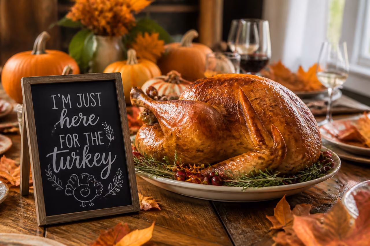 Roasted Turkey and Chalkboard with Thanksgiving Saying on Rustic Table