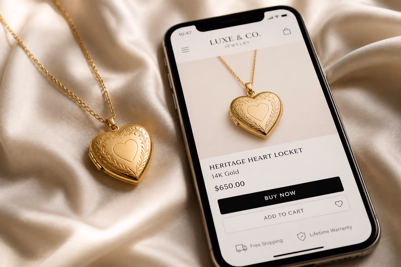 Gold Heart Locket Beside Smartphone for Online Shopping