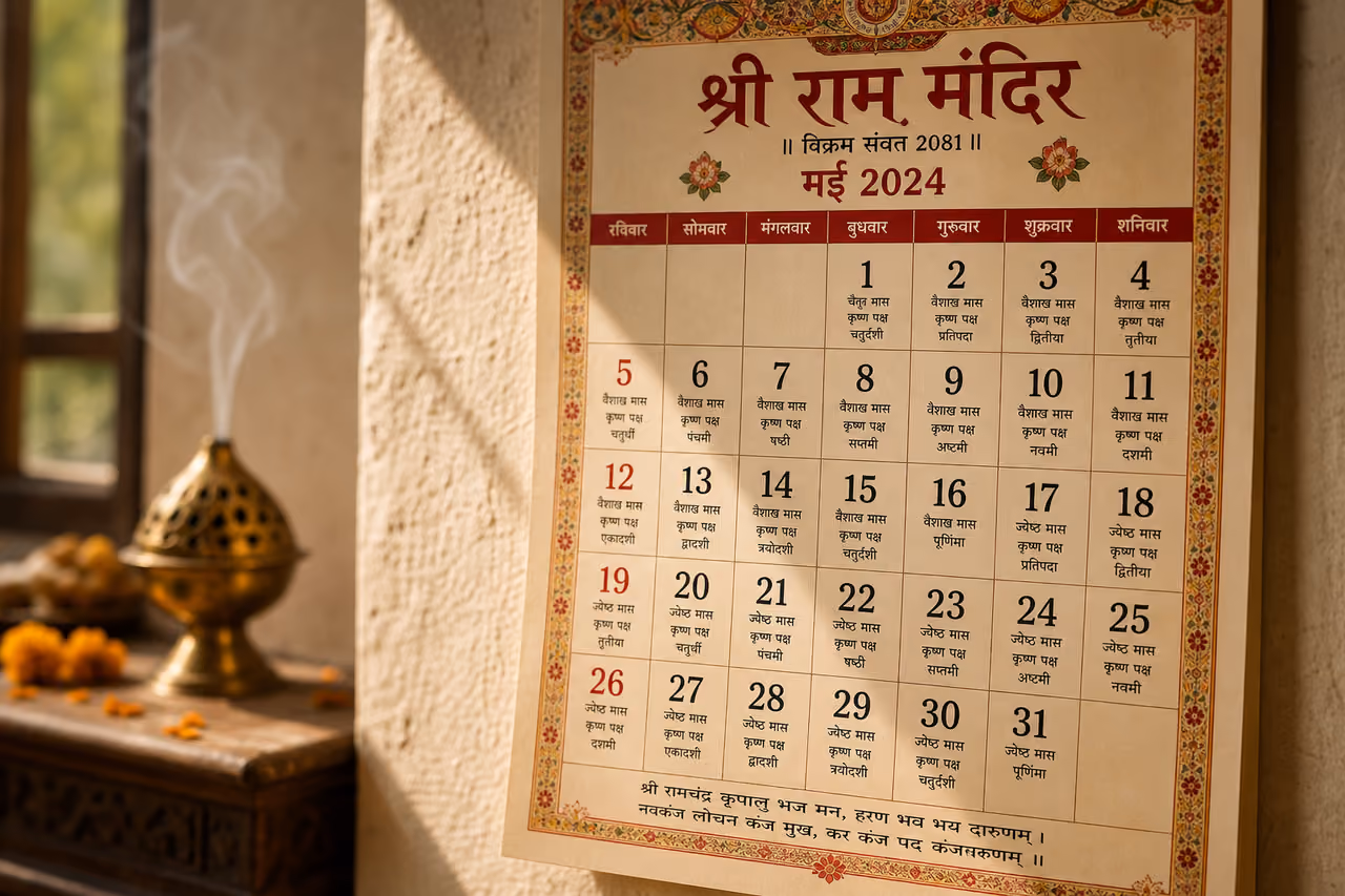Traditional Hindi Calendar Hanging on a Textured Wall