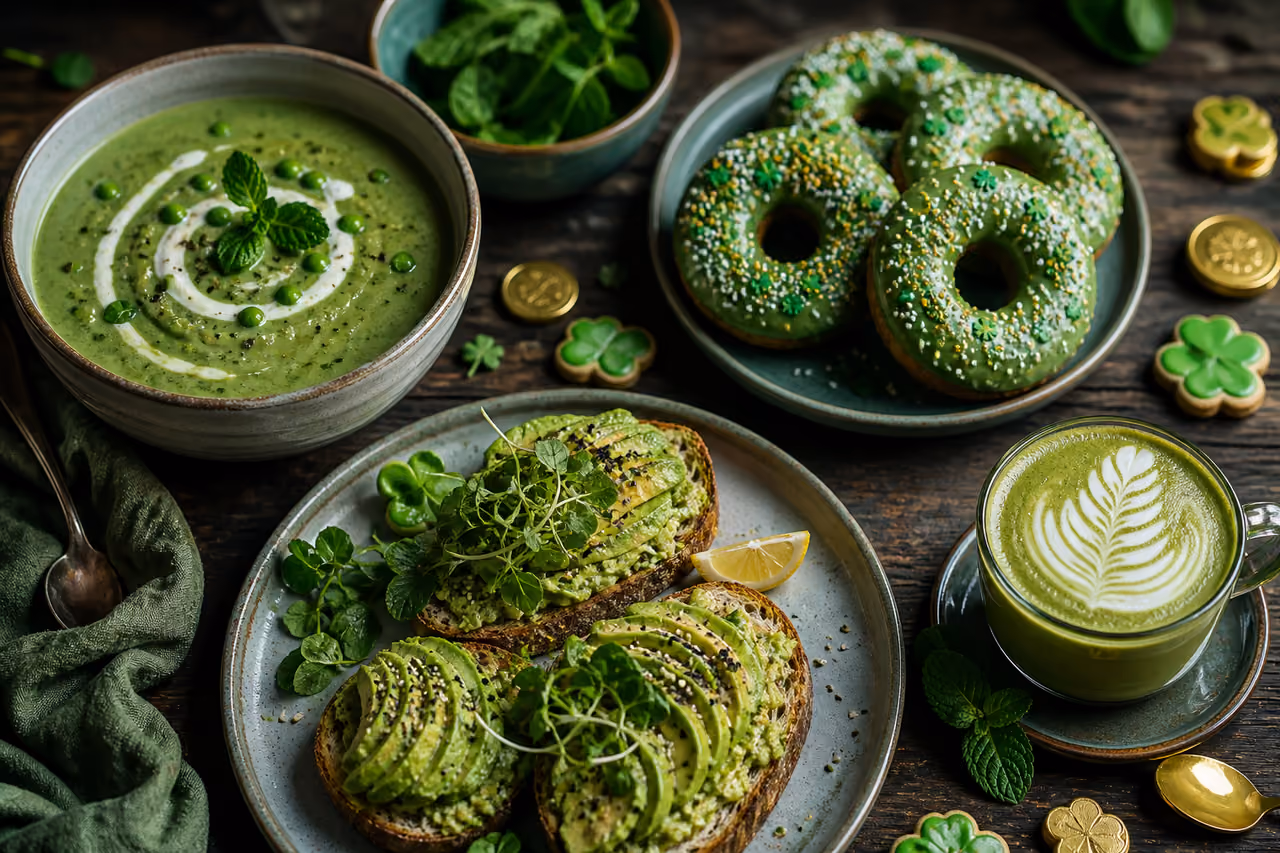 Assorted Green Dishes and Treats for St Patrick's Day