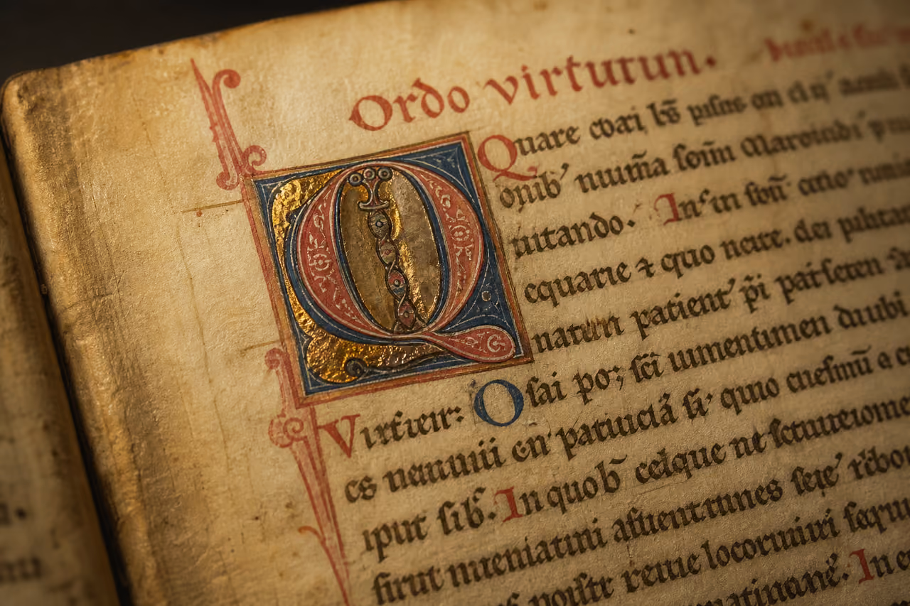 Ancient Medieval Manuscript Page with Ordo Virtutum Text
