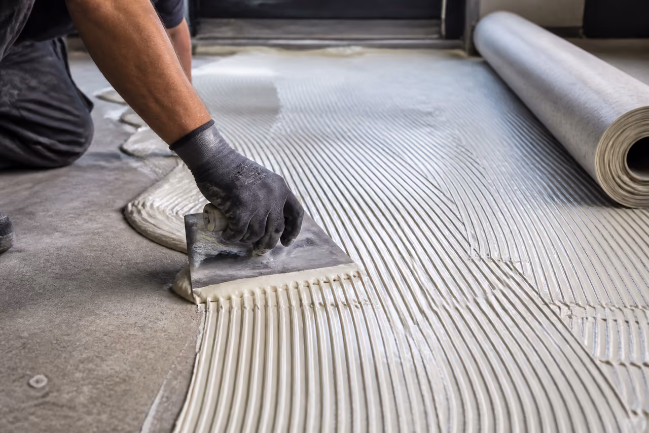Professional Installer Applying Linoleum Floor Adhesive to Concrete