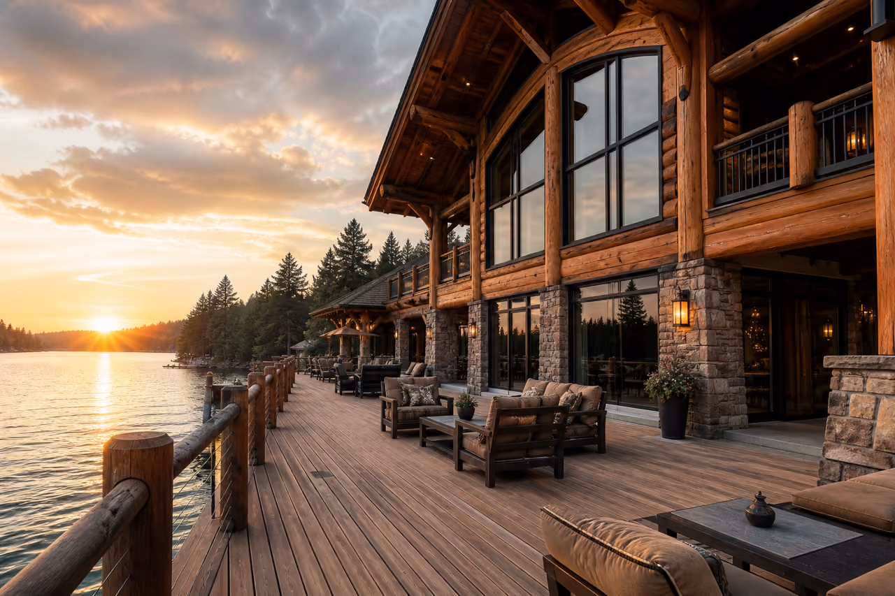Luxury Rustic Lodge Overlooking a Calm Lakeside Bay