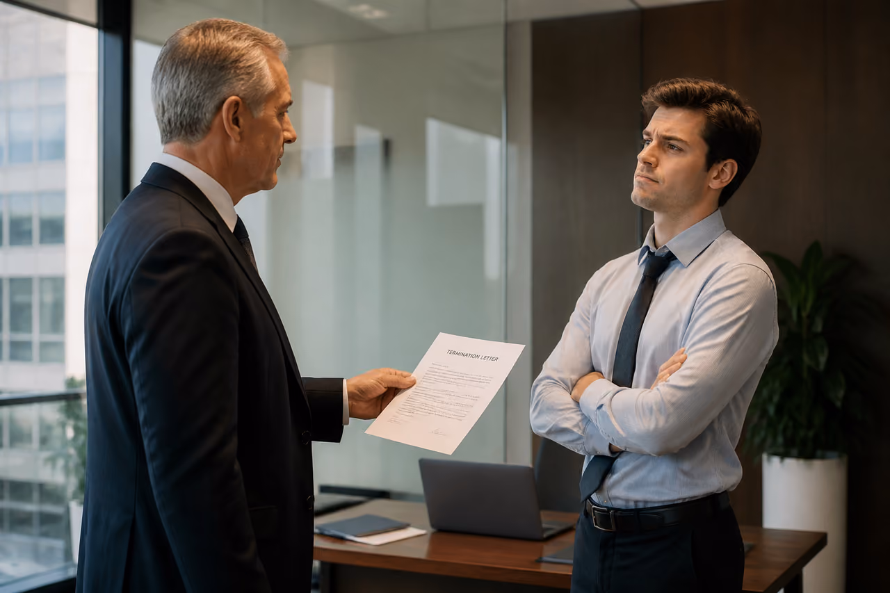 Manager Handing Termination Letter to Defiant Employee in Office