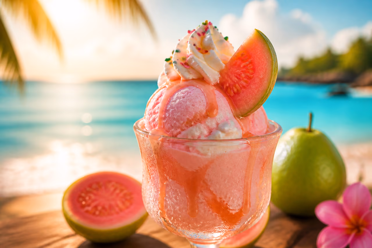 Guava Flavored Ice Cream Sundae on a Tropical Beach
