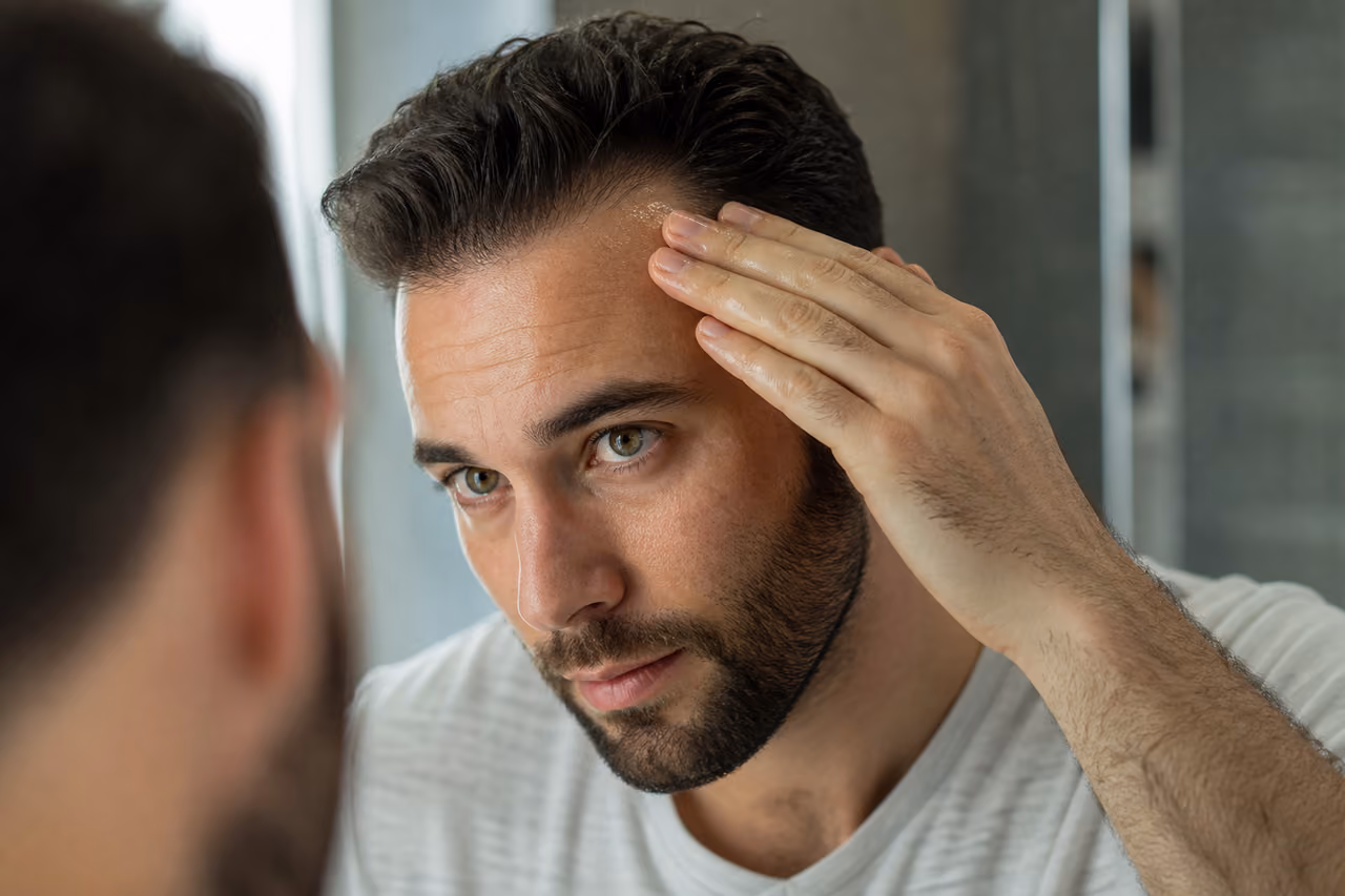 Man Applying Hair Growth Serum to Receding Hairline