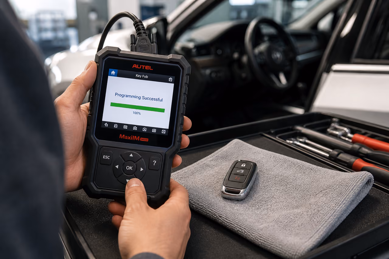Technician Using Diagnostic Scanner for Key Fob Programming