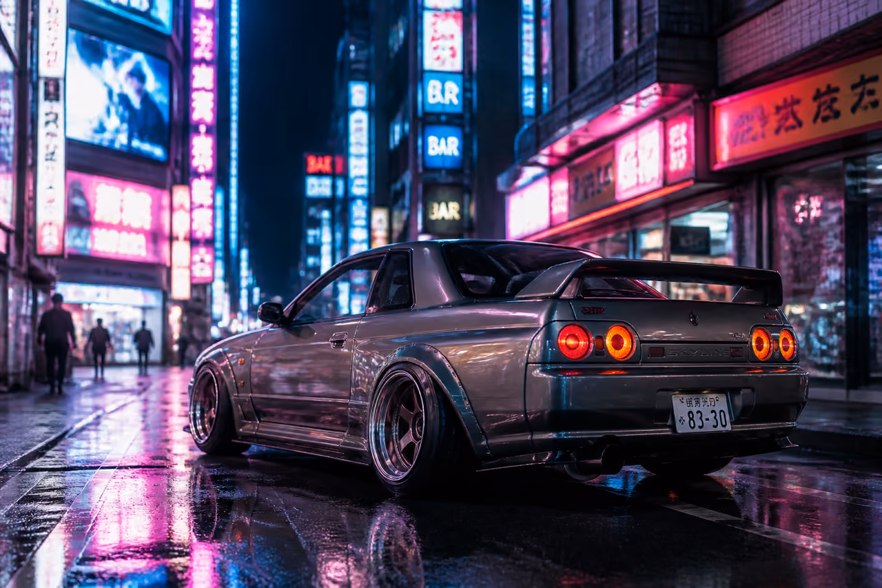 Modified Japanese Performance Car on Neon Lit Tokyo Street