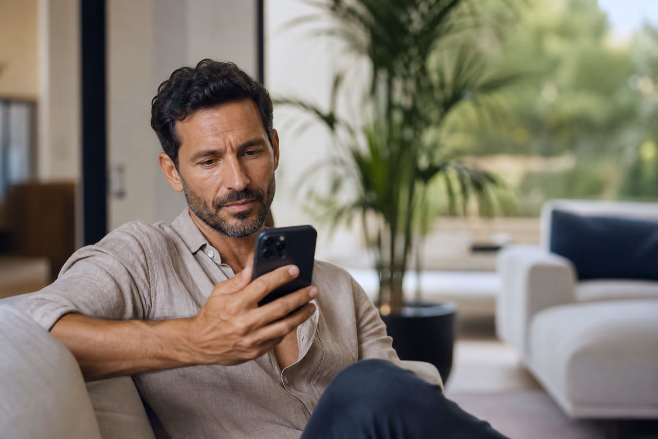 Charismatic Man Using Smartphone in Modern Home Office