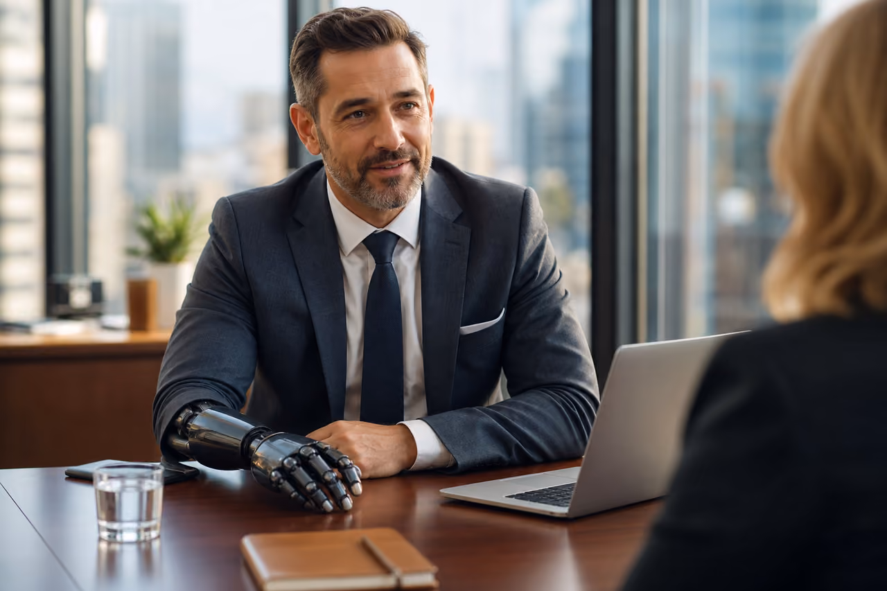 Successful Executive with Prosthetic Arm in Modern Office