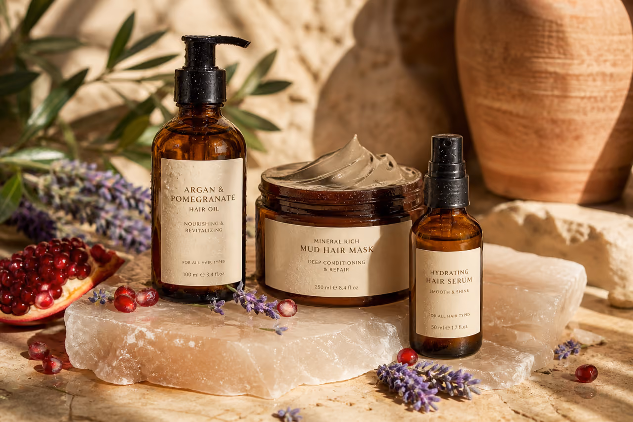 Luxury Israeli Hair Care Products Displayed on Dead Sea Mineral Stones