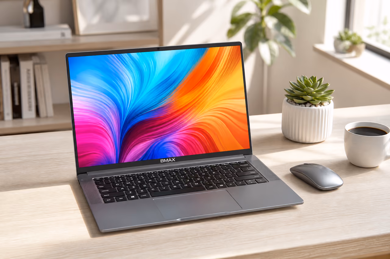 Modern Bmax Laptop on a Minimalist Wooden Desk