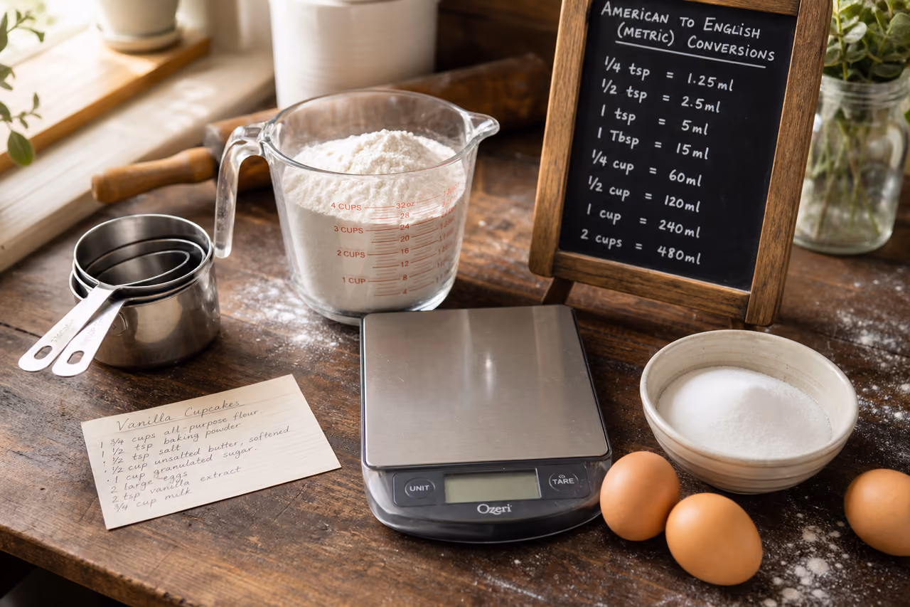 Baking Conversion Chart and Measuring Tools on Wooden Counter