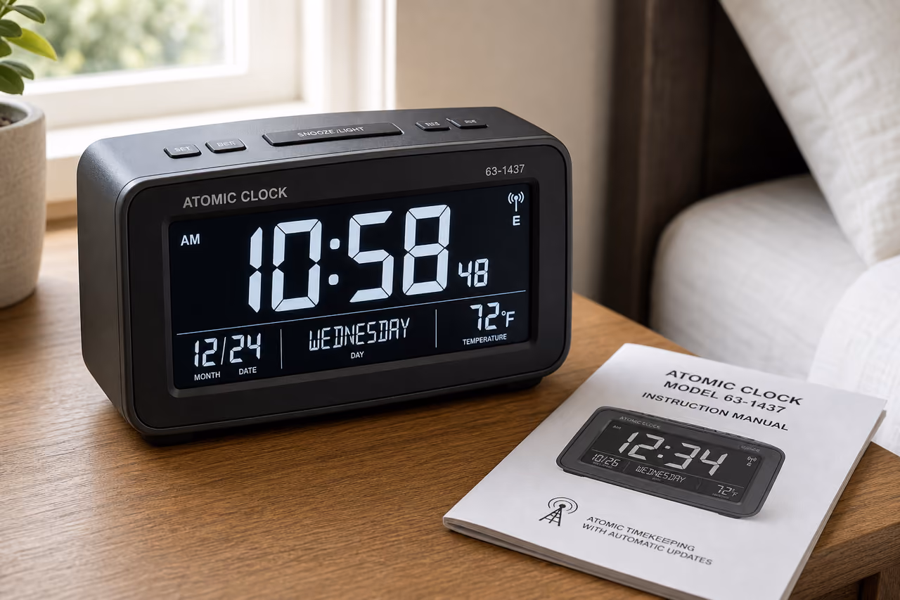 Digital Atomic Clock and Instruction Manual on Wooden Table