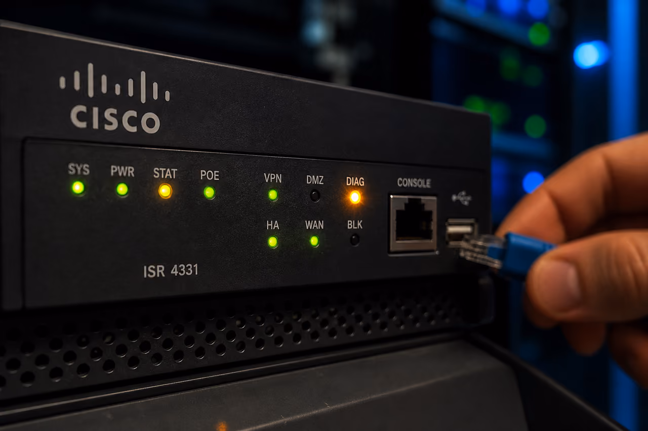 Network Engineer Troubleshooting Cisco Router with Warning LED