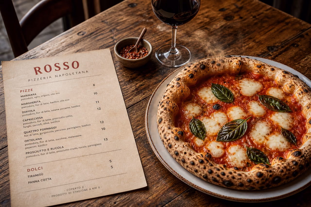 Rustic Pizza Menu and Fresh Margherita Pizza on Wooden Table